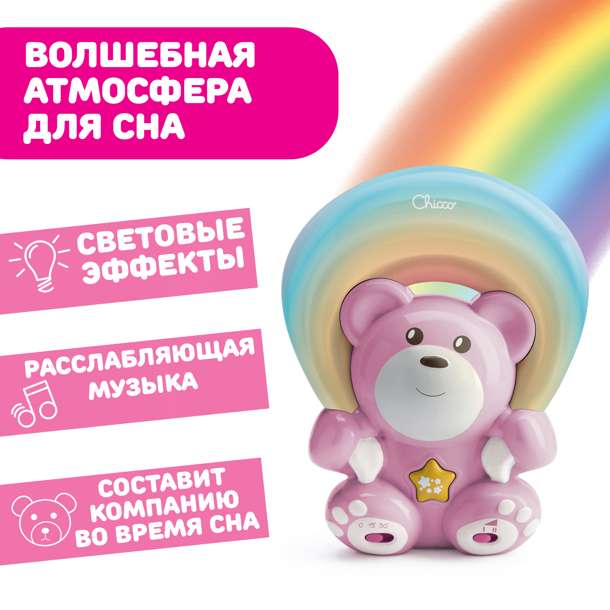 Проектор CHICCO Радужный ночник Мишка розовый - фото 3