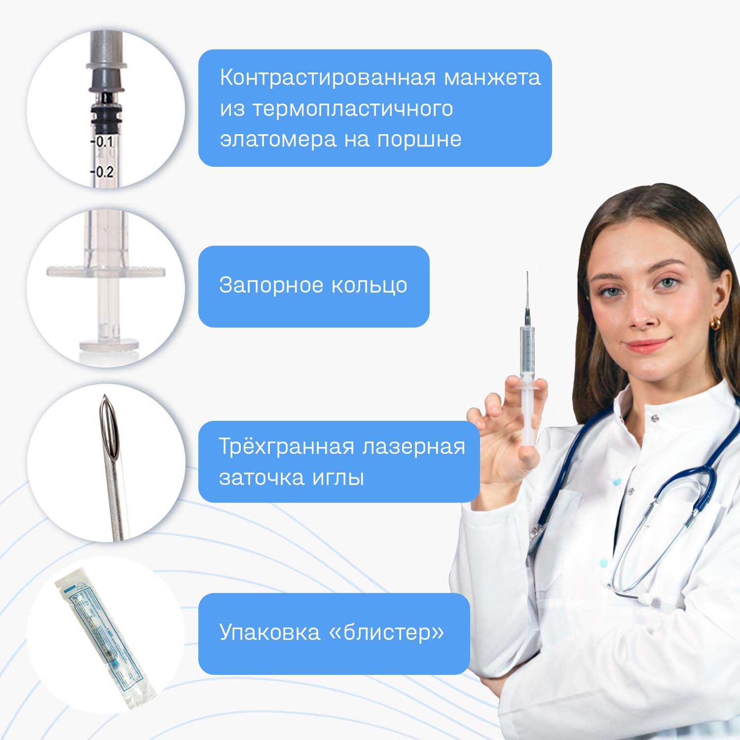 Шприцы ADVANTA инъекционные 1 мл 100 шт 3-х компонентные одноразовые с иглой - фото 2