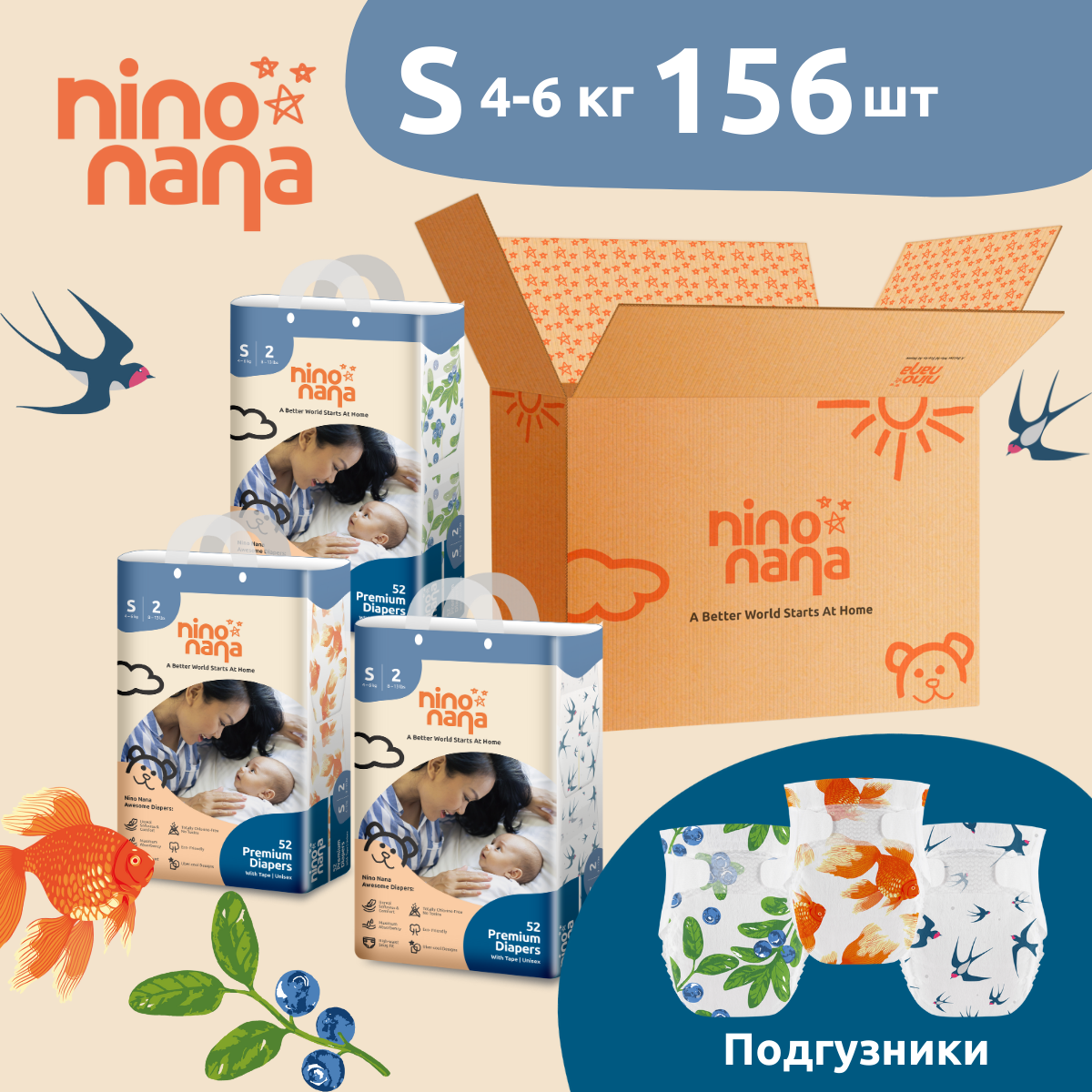 Коробка Подгузников Nino Nana S 4-6 кг. 156 шт. - фото 1