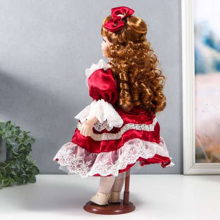 Кукла коллекционная Зимнее волшебство керамика «Наташа в бордовом платье с рюшами с бантом в волосах» 40 см
