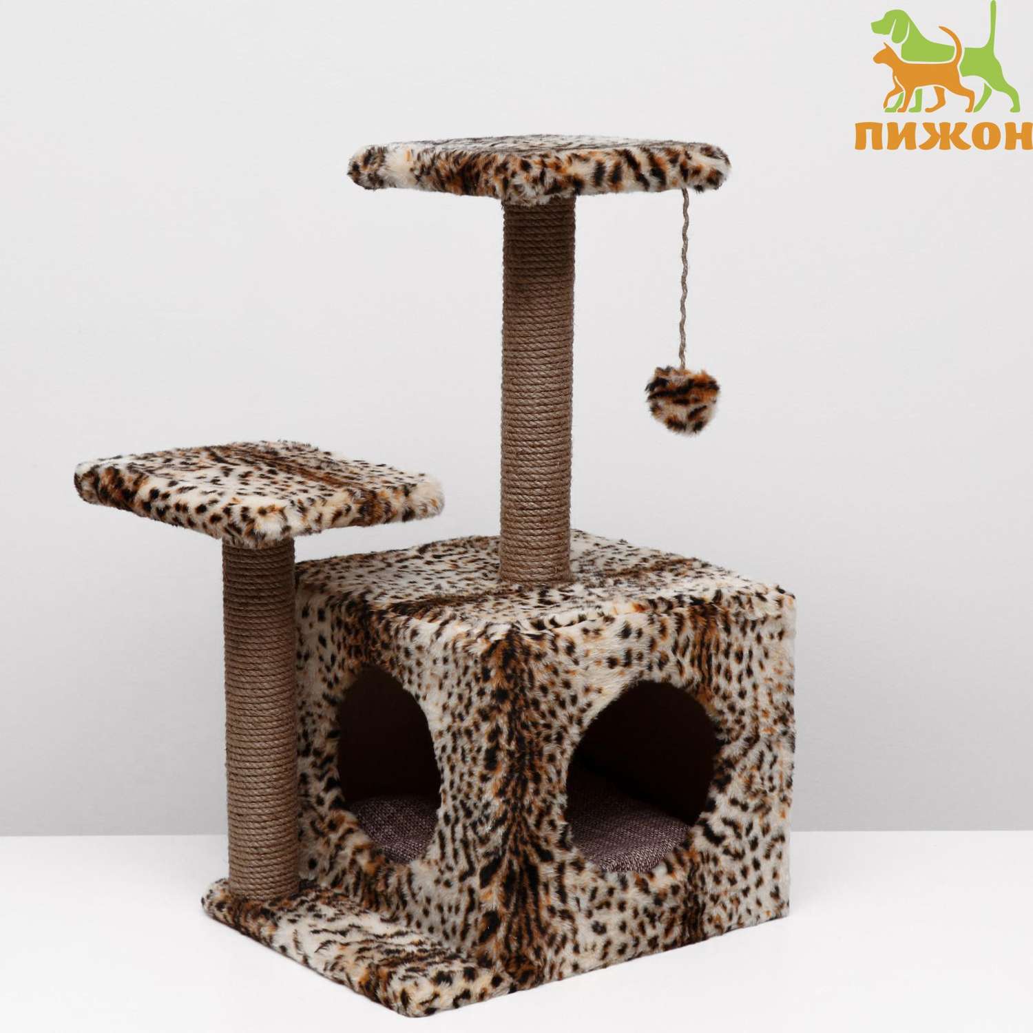 Домик-когтеточка Пижон «Квадратный трёхэтажный с двумя окошками» джут 45×47×75 см леопард - фото 1
