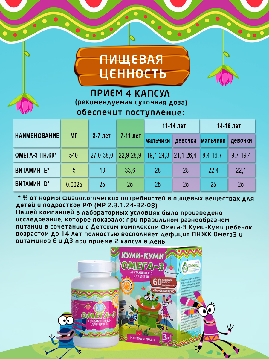 Омега 3 + витамины Е Д ФармиКо Куми-Куми для детей 60 капсул вкус малина - фото 9