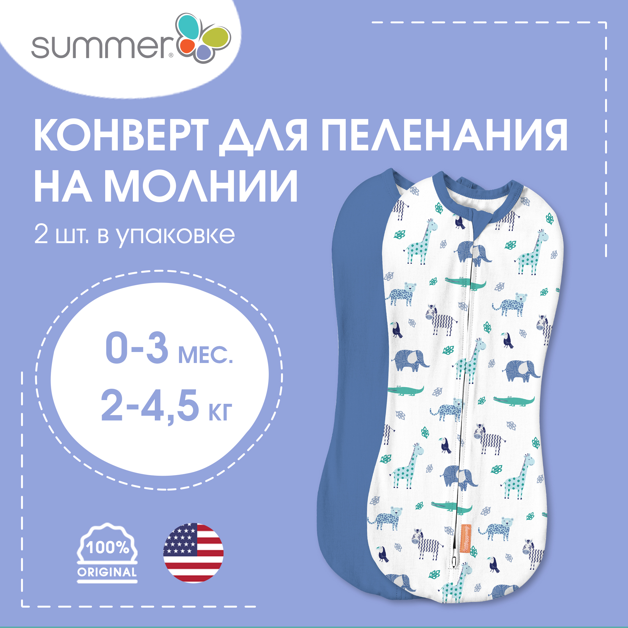 Конверт для новорожденных Summer Infant на молнии Swaddlepod 2 шт сафари/синий - фото 2