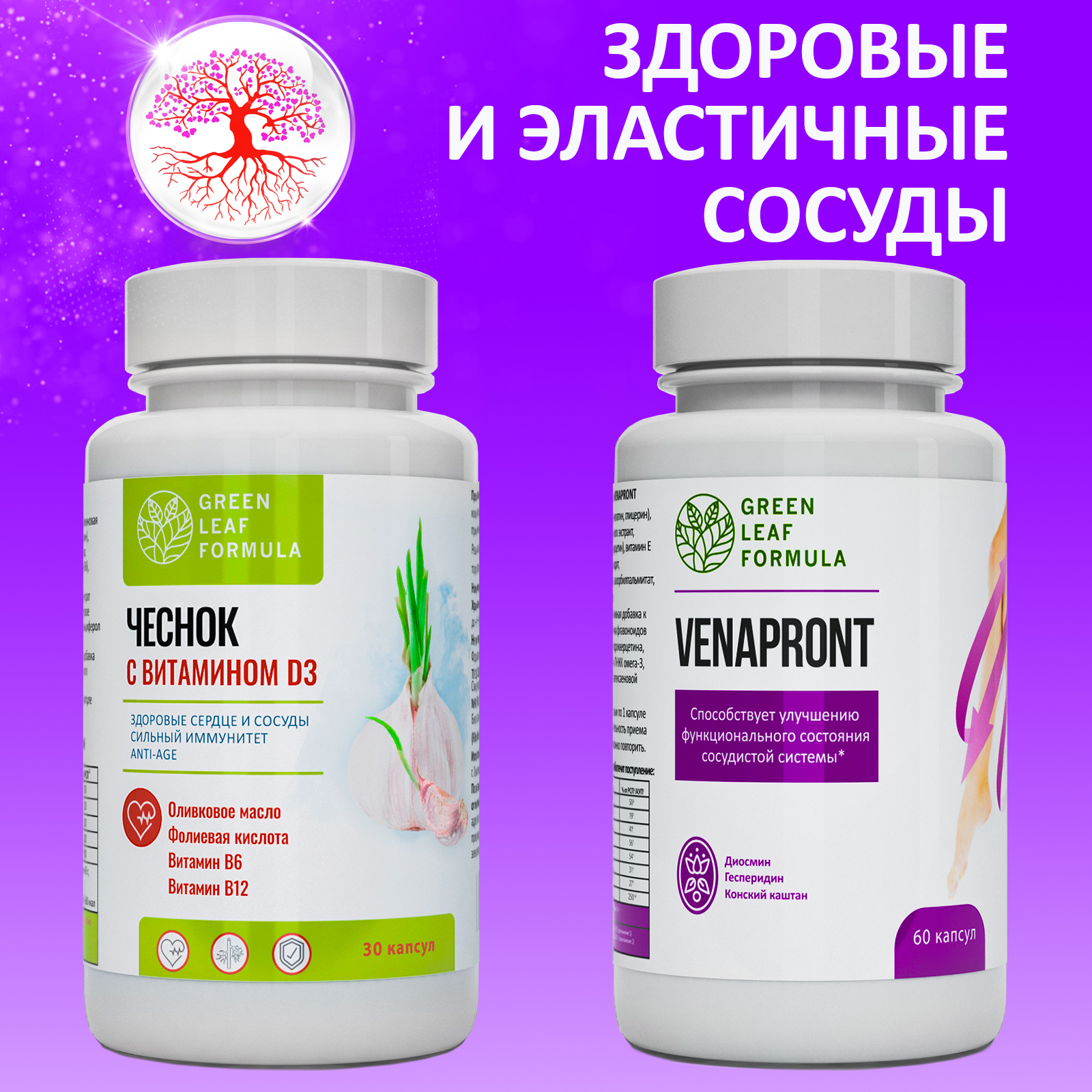 Набор Green Leaf Formula Экстракт чеснока от холестерина и для иммунитета и Таблетки от варикоза ног 90 капсул - фото 1