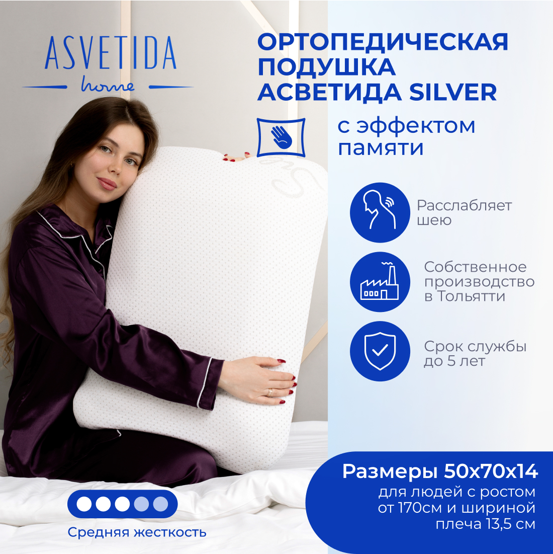 Анатомическая подушка Asvetida Silver 50*70 c эффектом памяти Memory Foam - фото 2