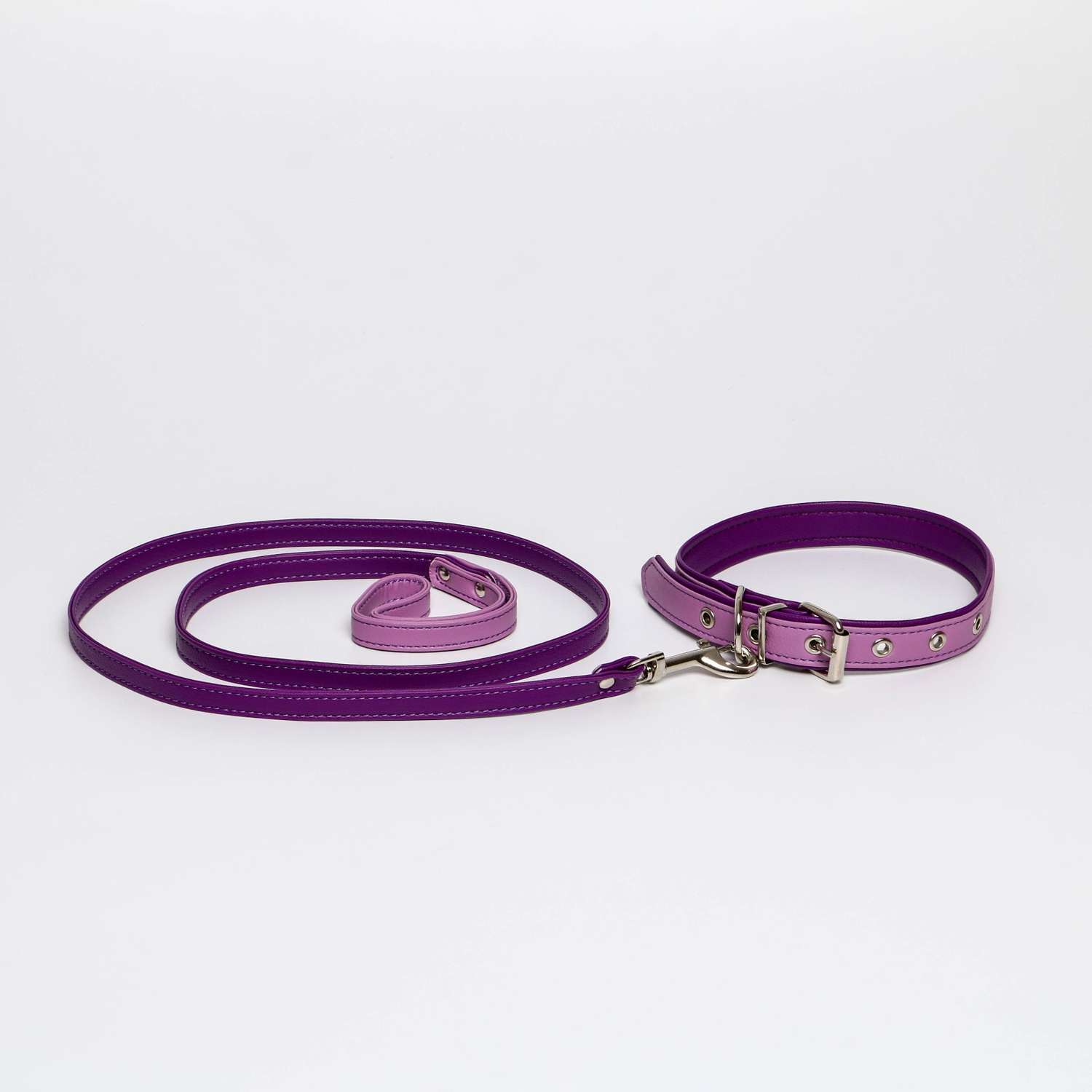 Комплект Пушистое счастье ошейник и поводок из экокожи сиреневый с фиолетовым - фото 1
