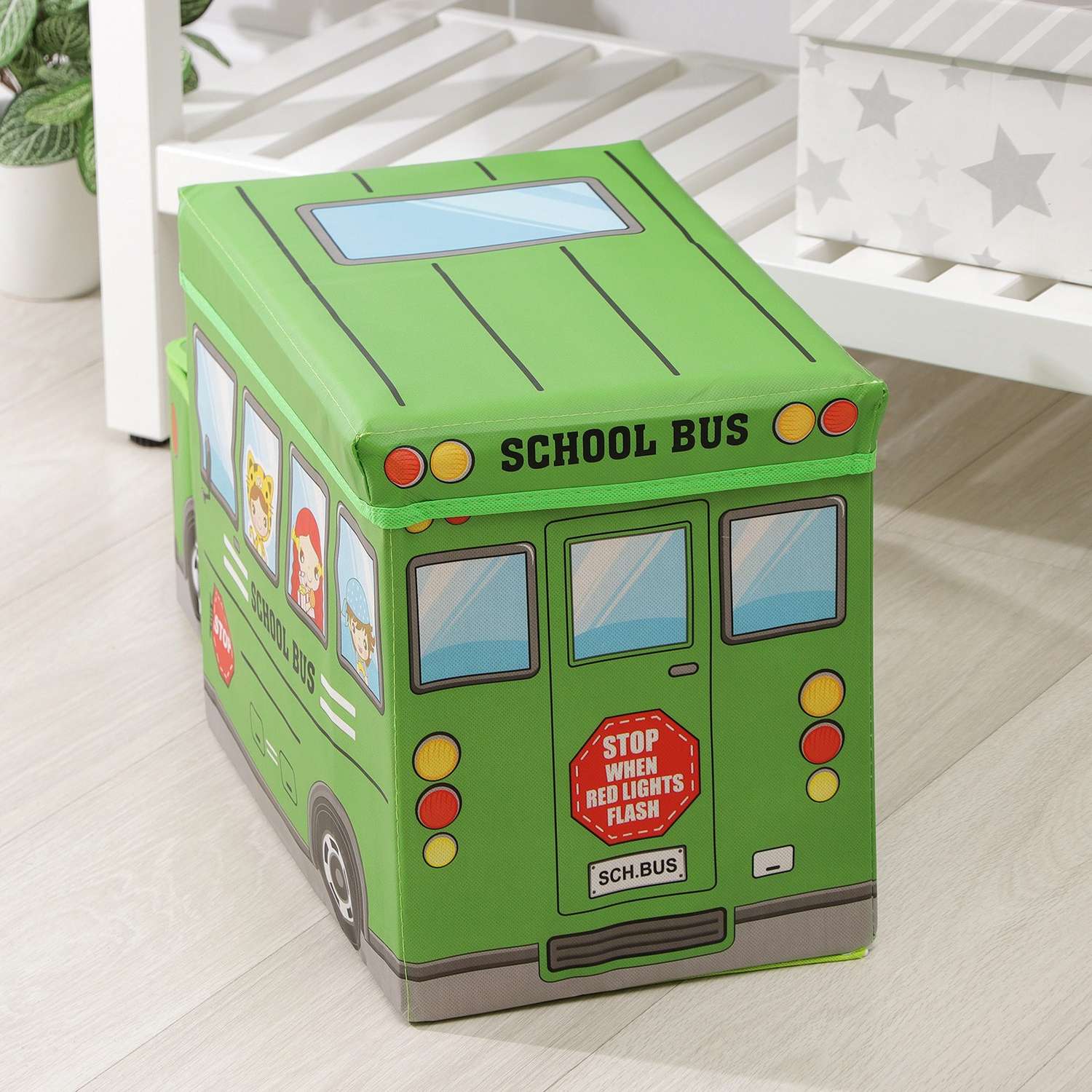 Короб Школа Талантов стеллажный для хранения с крышкой «Школьный автобус» 55×26×32 см 2 отделения цвет зелёный - фото 9