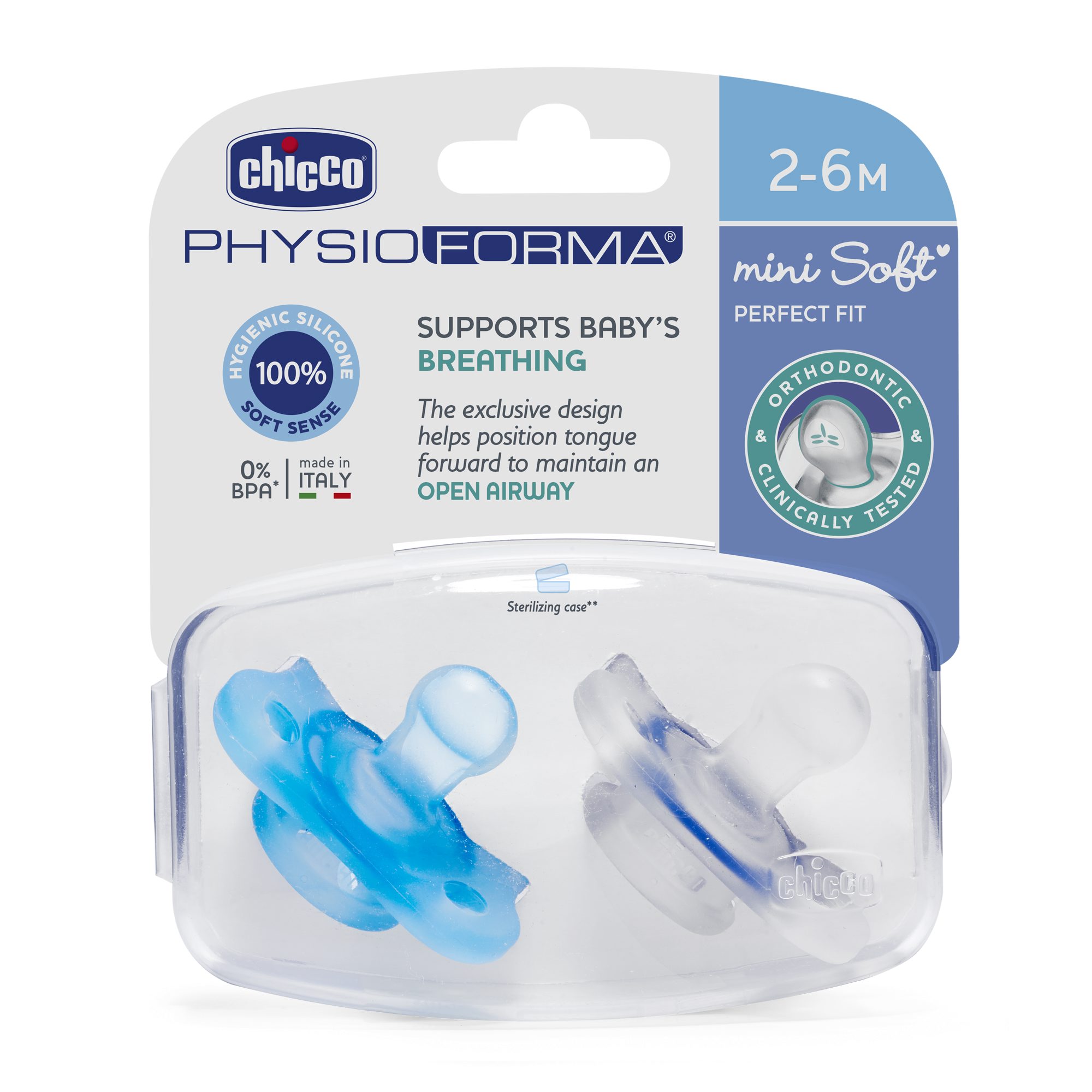 Пустышка CHICCO Physio Soft Mini 2шт 2-6 мес силикон голубая - фото 1