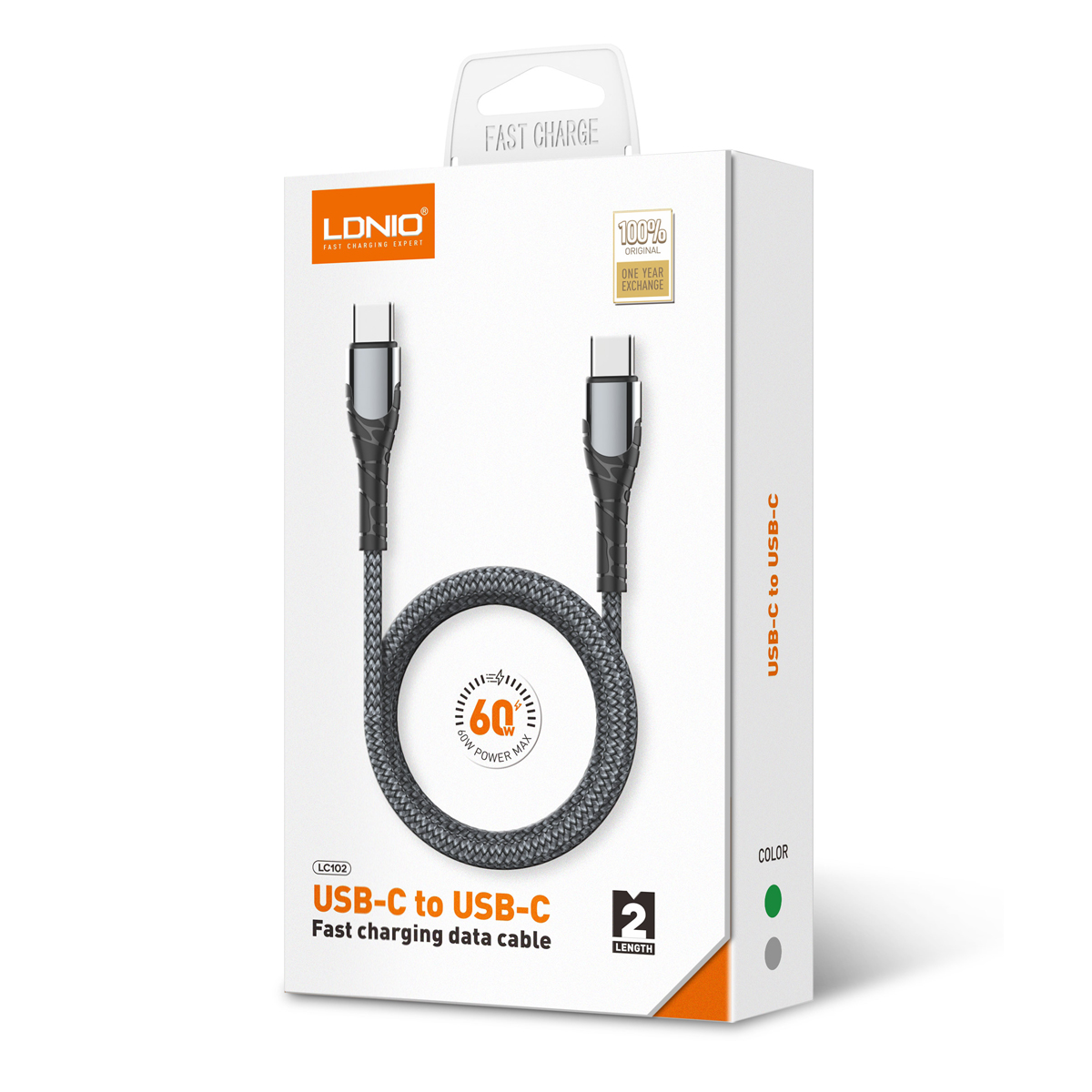 Кабель LDNIO LC102/ USB PD: Type-C--Type-C/ 2m/ 60W/ медь: 176 жил/ Нейлоновая оплетка/ Gray