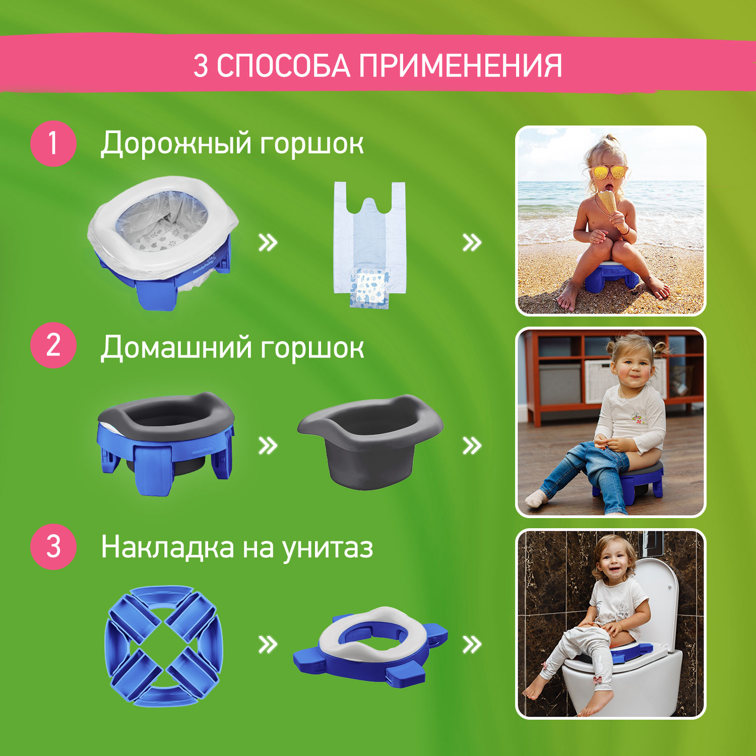 Горшок дорожный ROXY-KIDS складной с многоразовой вкладкой Handy Potty 3 в 1 цвет синий/графит - фото 4