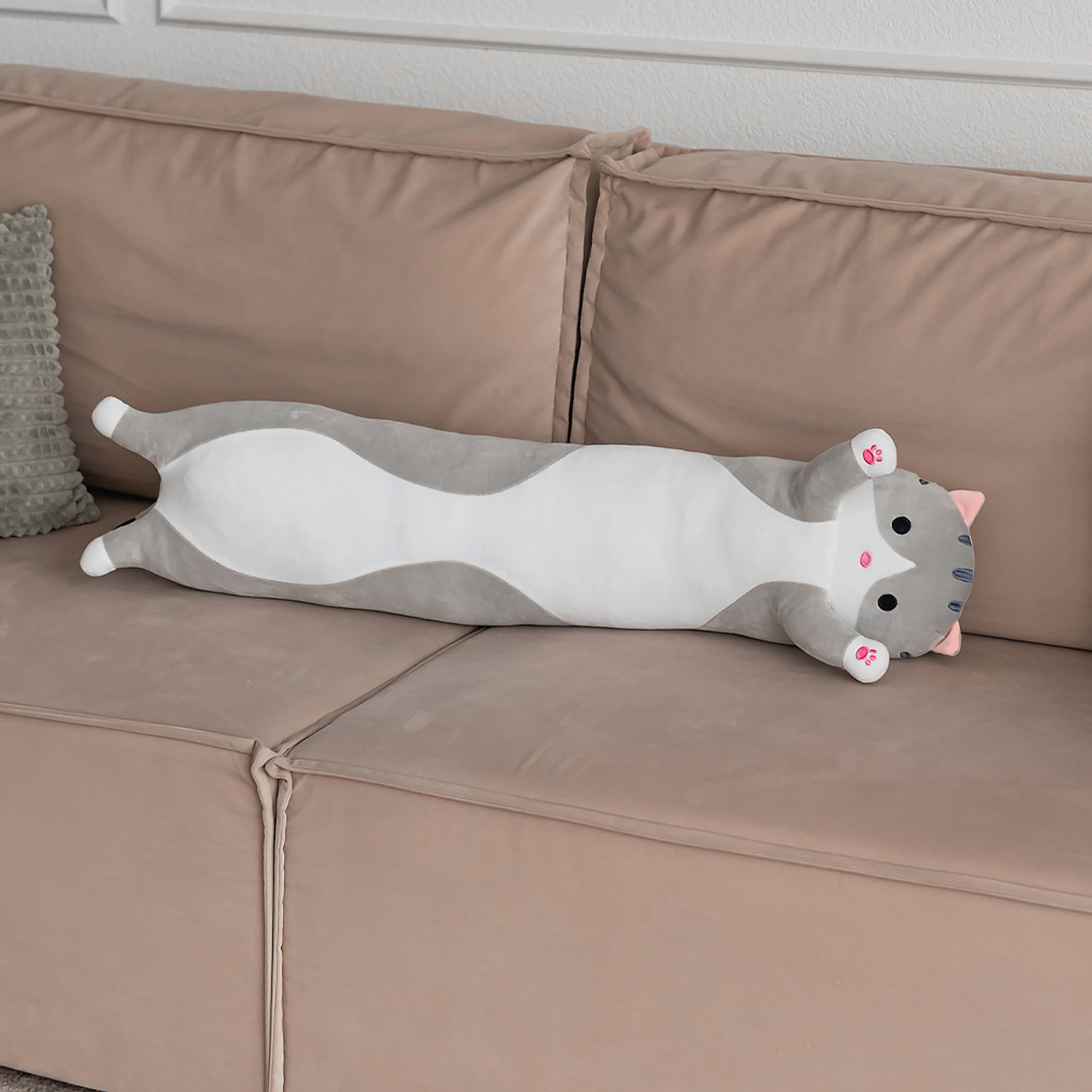 Мягкая игрушка кошка подушка TOTTY TOYS кот-батон 90 см серый антистресс развивающая обнимашка - фото 3