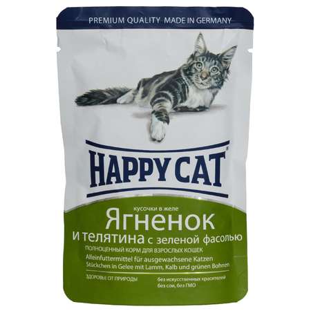 Корм влажный для кошек Happy Cat 100г желе ягненок-теленок-зеленая фасоль пауч