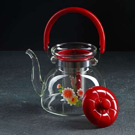 Чайник Sima-Land стеклянный заварочный с металлическим ситом «Цветочная фантазия» 1.4 л