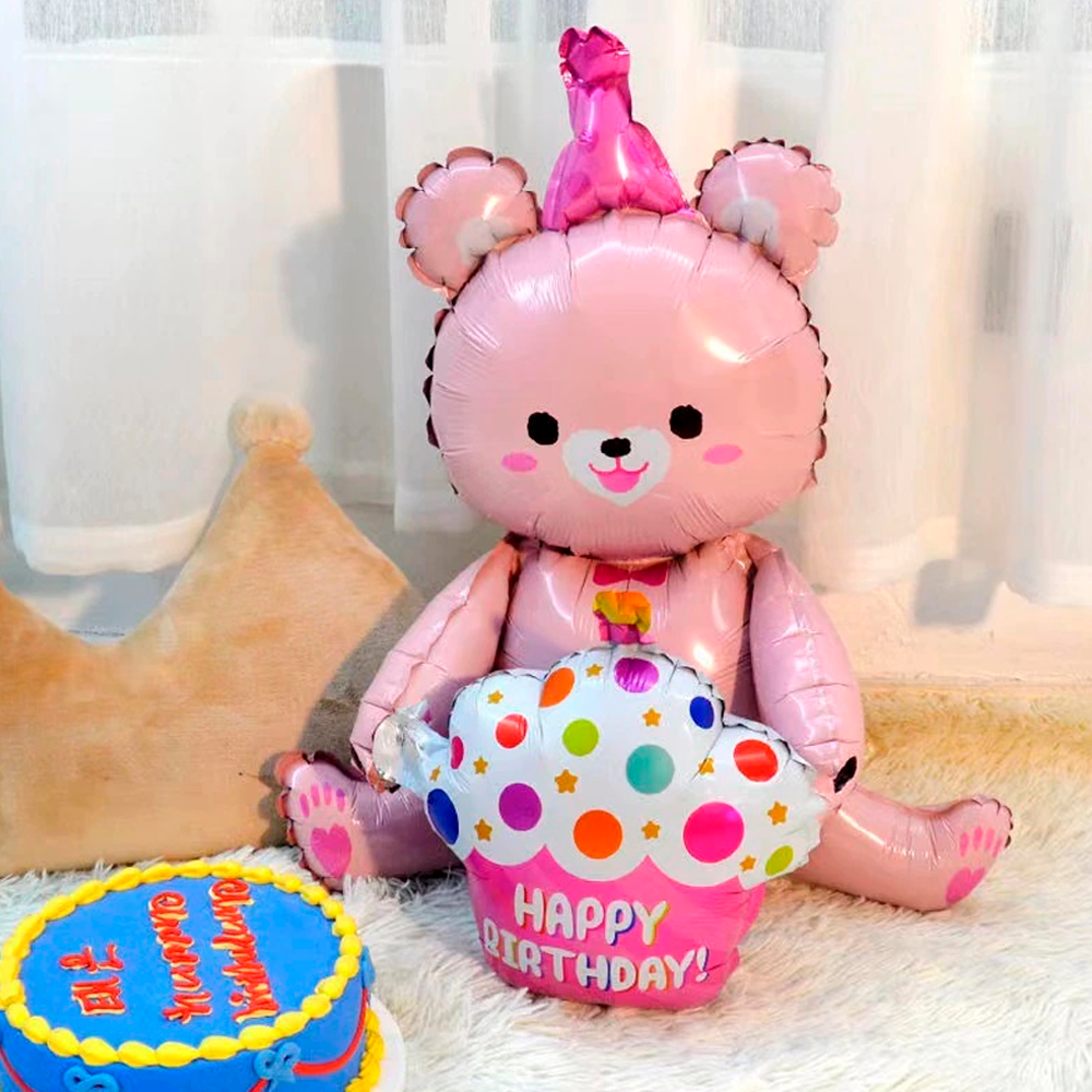 Воздушный шар Falali Мишка с капкейком Happy Birthday/С Днем рождения розовый 97 см - фото 5