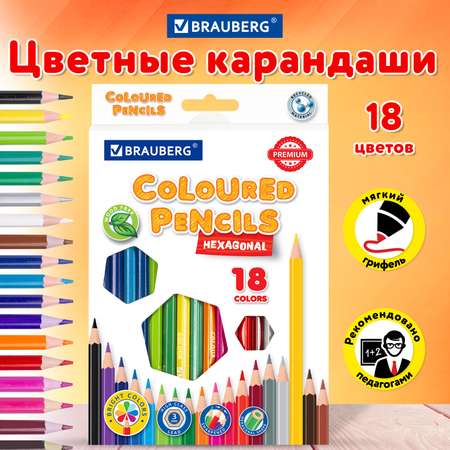 Карандаши цветные Brauberg для рисования набор 18 цветов шестигранные грифель мягкий 3мм