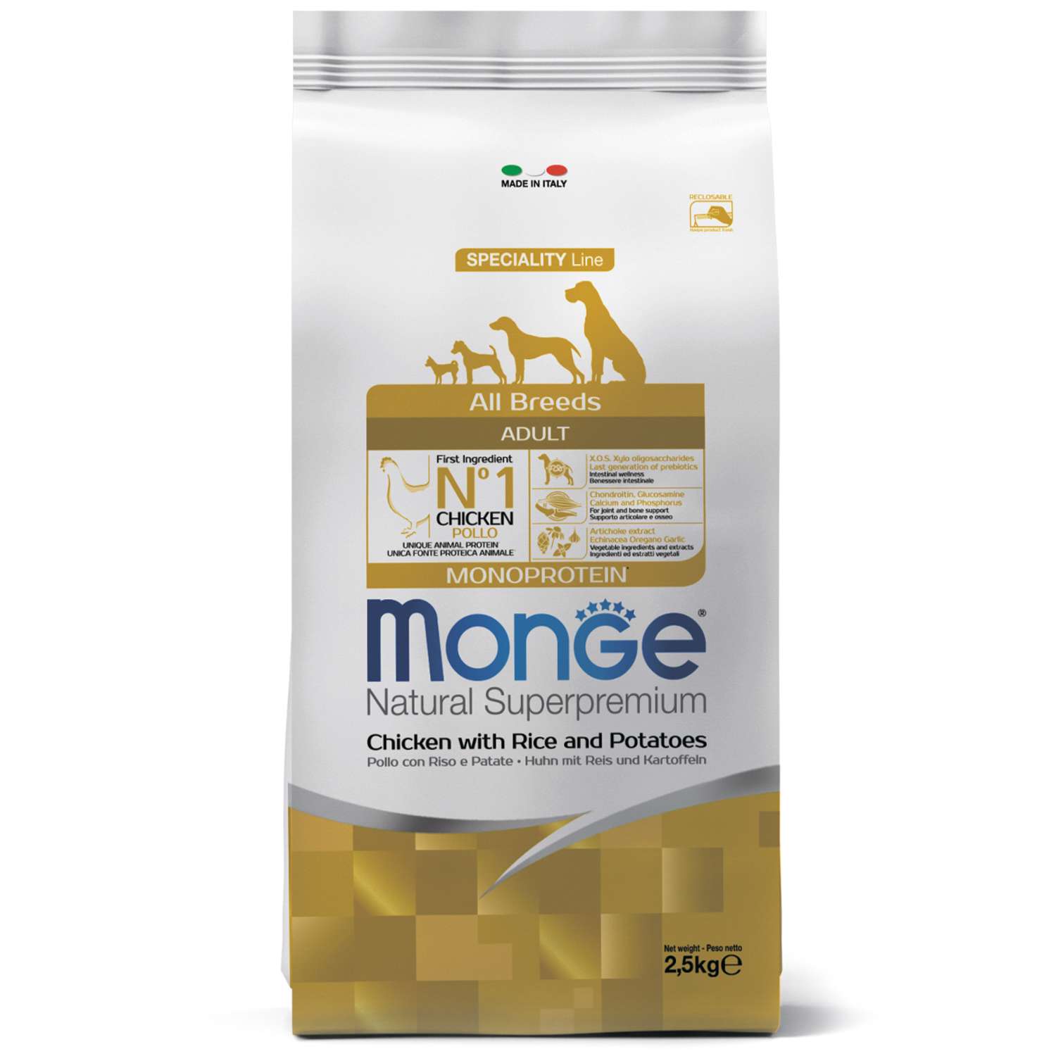 Корм для собак MONGE Dog Monoprotein всех пород курица с рисом и картофелем сухой 2.5кг - фото 1