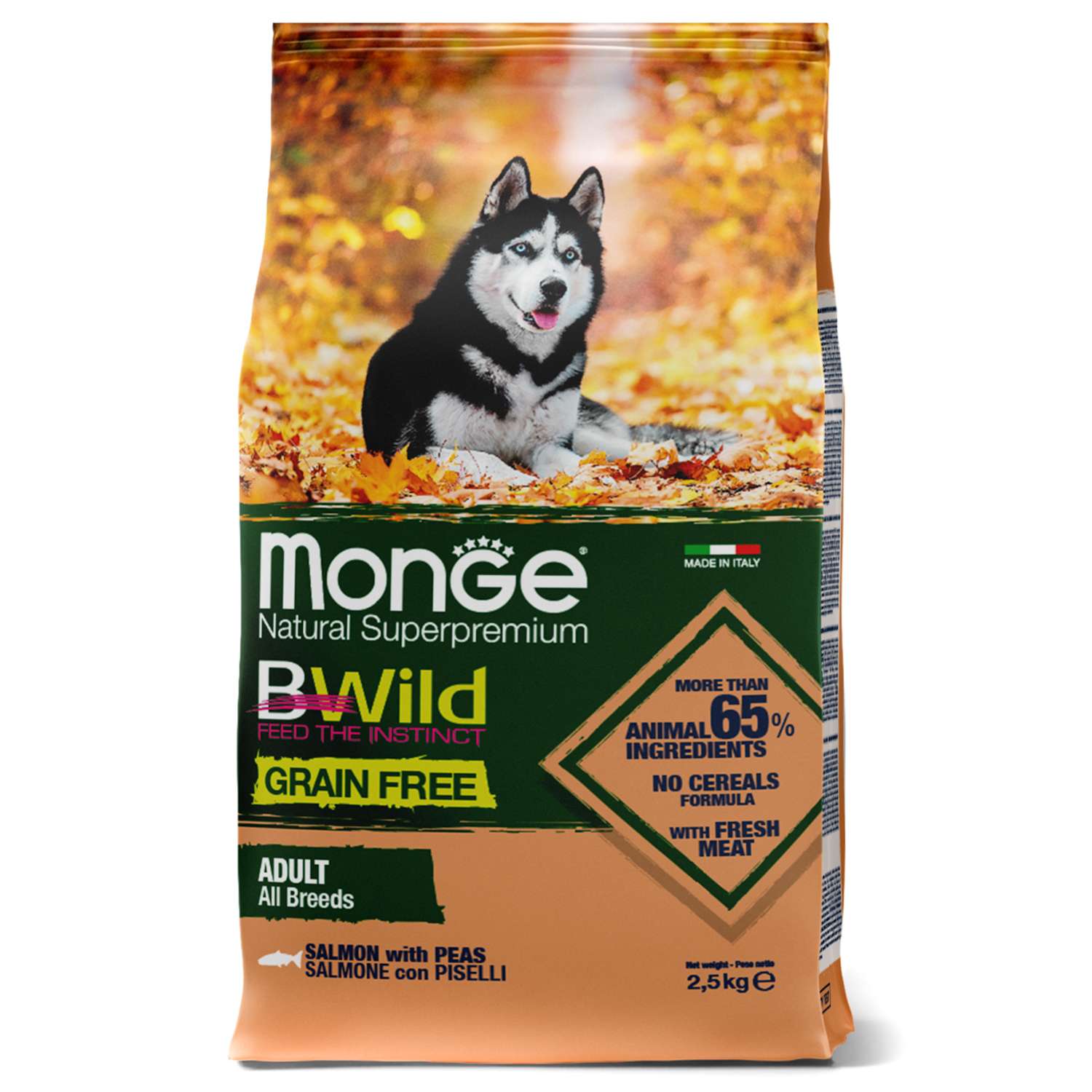 Корм для собак MONGE BWild Grain free из лосося и гороха 2.5кг - фото 1