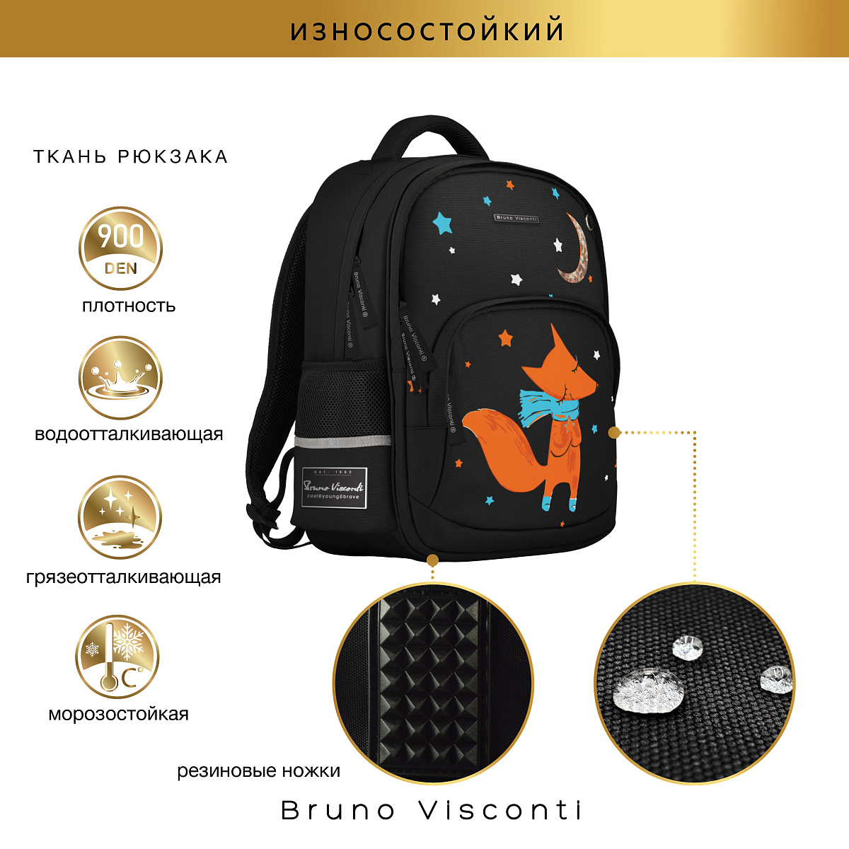 Рюкзак школьный Bruno Visconti черный с эргономичной спинкой Волшебный Лис с мешком - фото 5