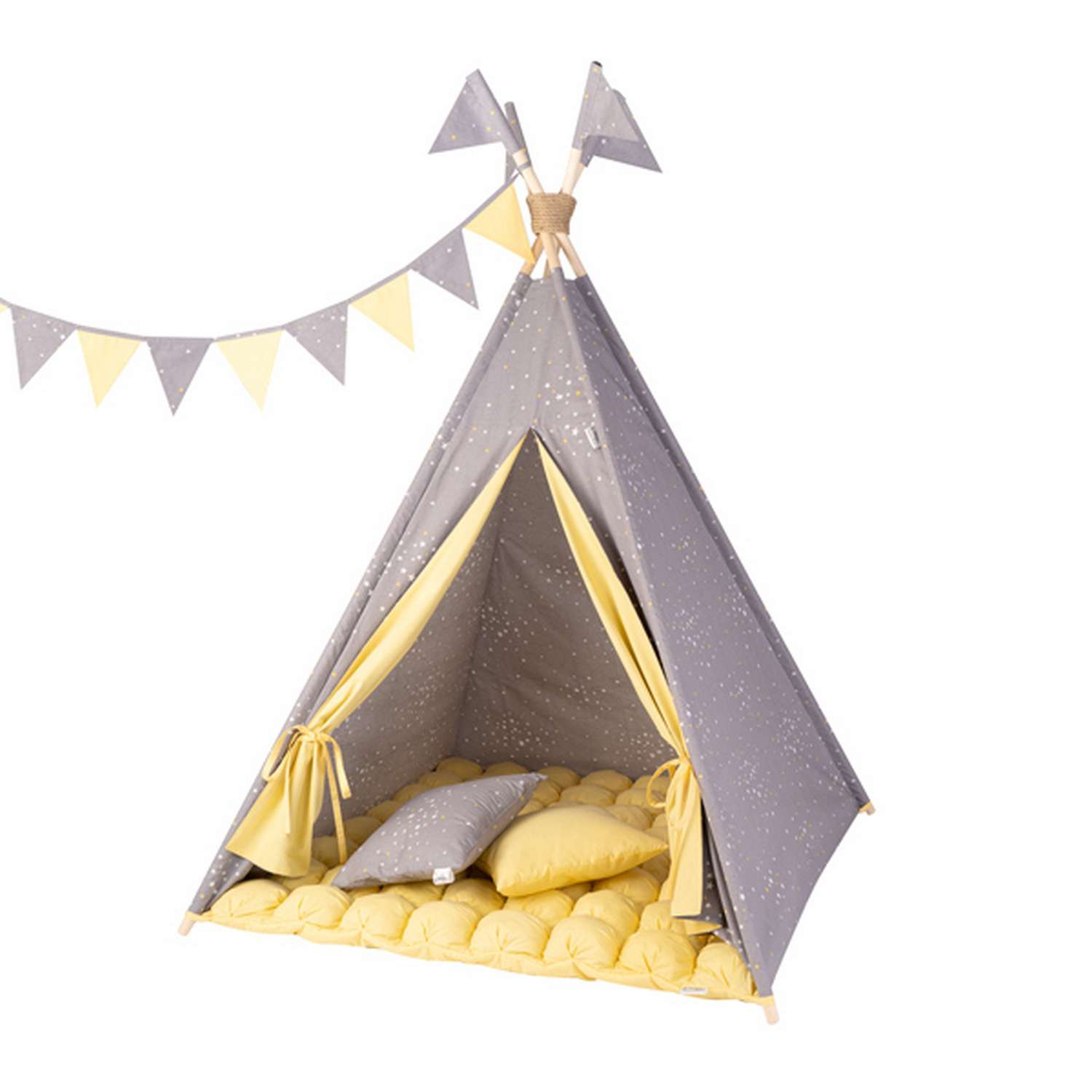 Детская игровая палатка вигвам Buklya Созвездие с ковриком бон-бон цв. серый / желтый - фото 1