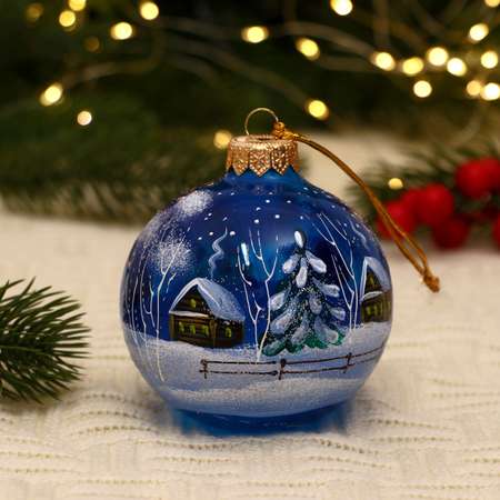 Ёлочный шар Evis d-8 см «Зимний вечер в деревне» ручная роспись голубой