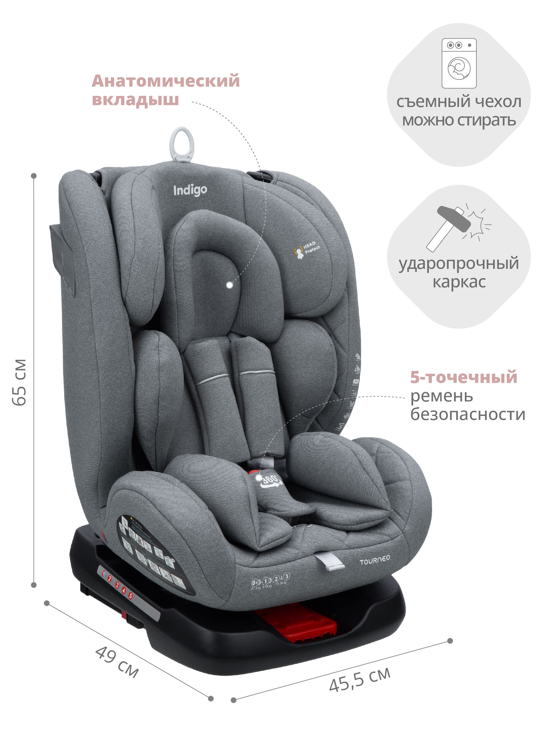 Автокресло Indigo Tourneo isofix группа 0+1+2+3 0-36 серый - фото 5