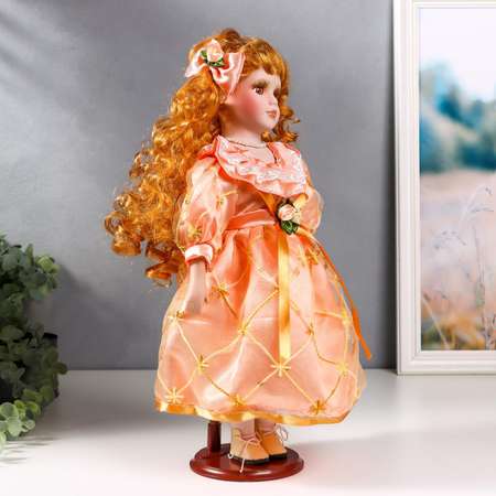 Кукла коллекционная Зимнее волшебство керамика «Малышка Зоя в кремово-розовом платье с сумочкой» 40 см