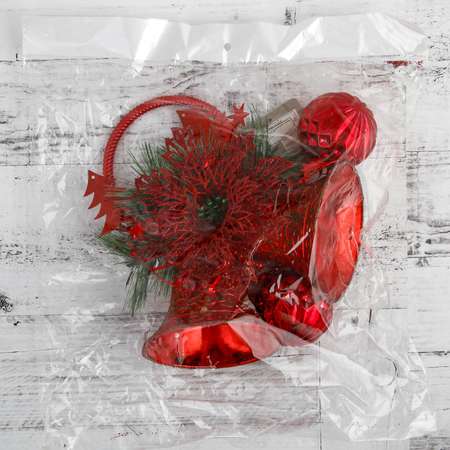 Украшение Зимнее волшебство новогоднее «Два колокольчика с цветком и шариками» 19х41 см красный