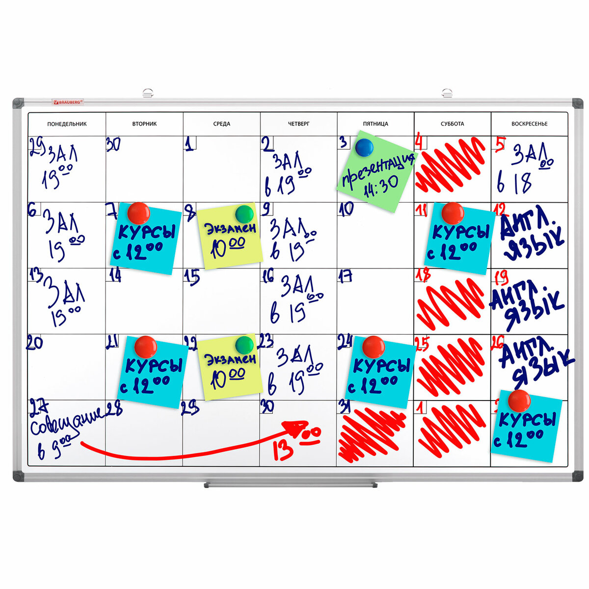 Доска демонстрационная Brauberg планинг на месяц магнитно-маркерный на стену для офиса и дома 60х90 см - фото 22