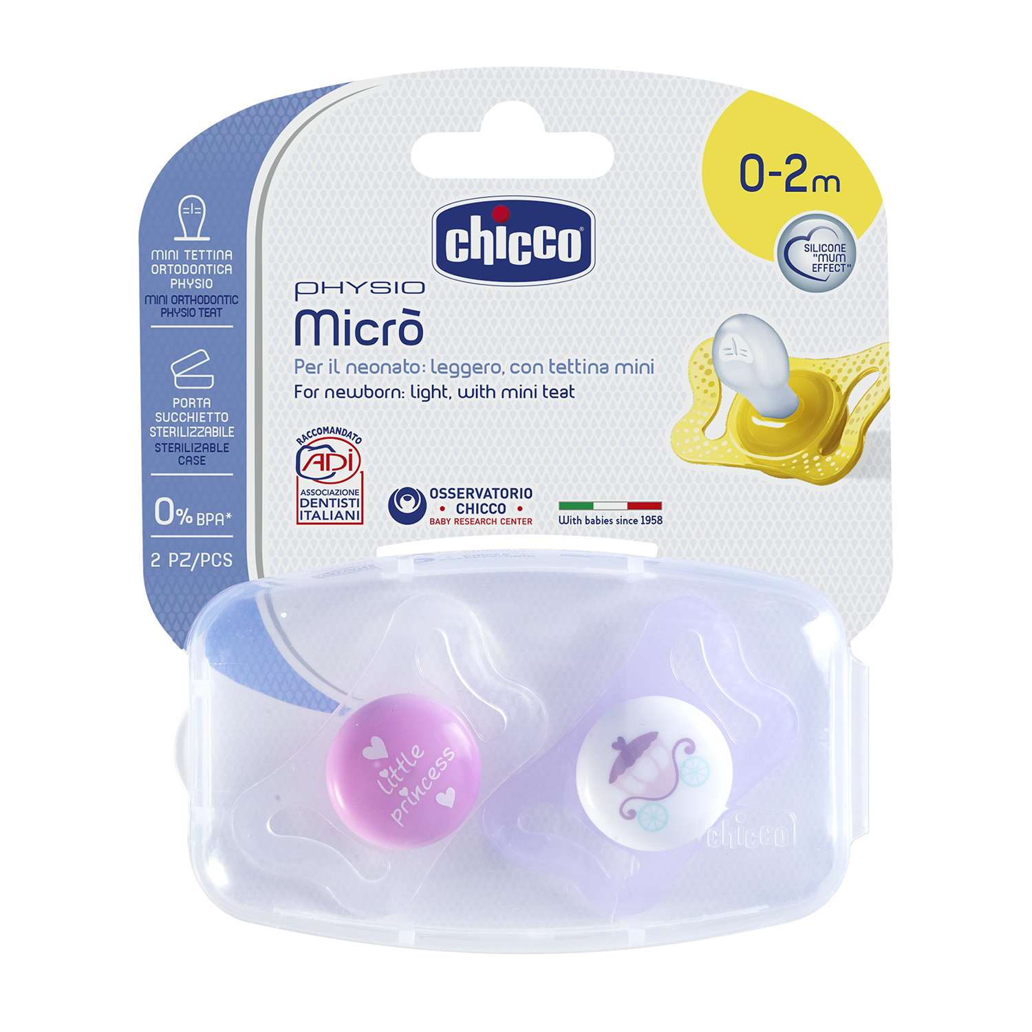 Пустышка Chicco Physio Micro 0-2 мес. для принцесс карета 2 шт силиконовая - фото 1