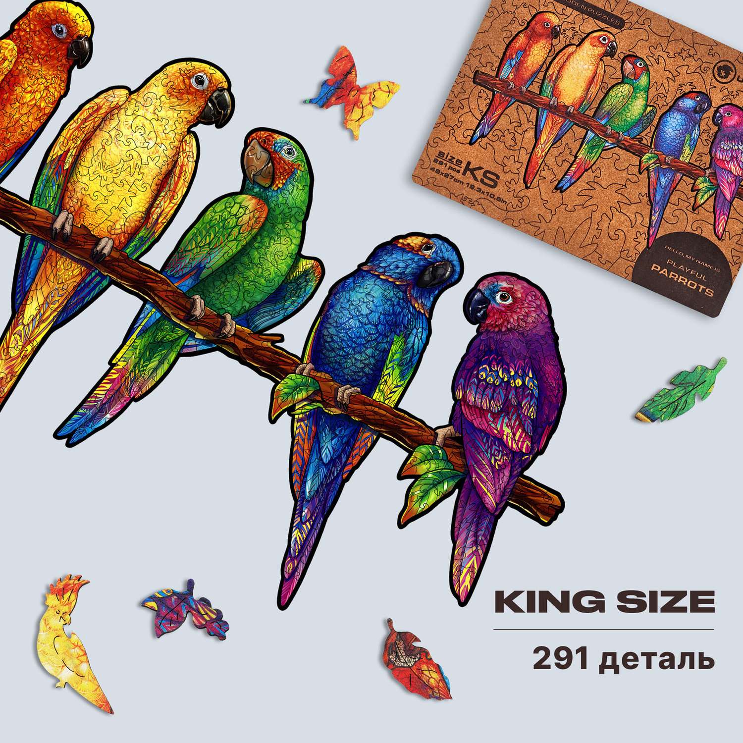 Пазл деревянный UNIDRAGON Игривые попугаи размер 49x27 см 291 деталь - фото 1