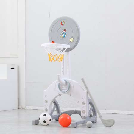 Баскетбольная стойка детская UNIX Kids Space Grey 3 в 1 с хоккейными и футбольными воротами для дома и улицы