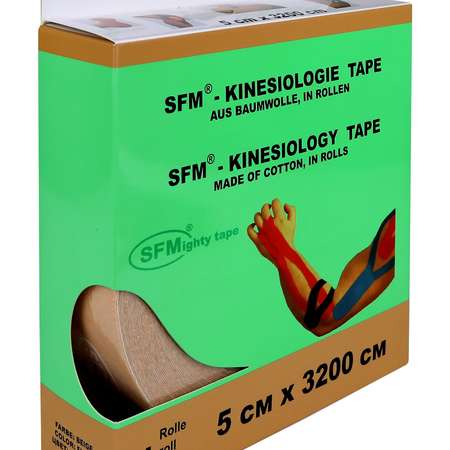 Кинезиотейп SFM Hospital Products Plaster на хлопковой основе 5х3200 см бежевого цвета в диспенсере с логотипом