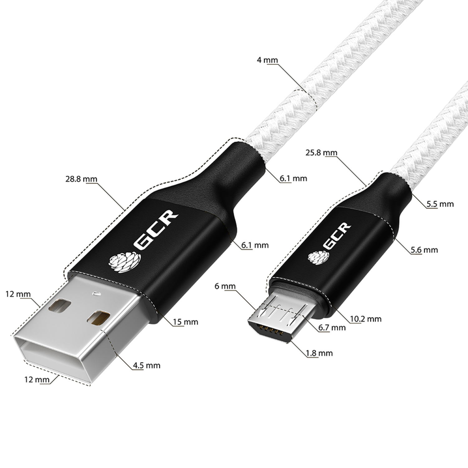 Кабель USB GCR 1.2m MicroUSB в белой нейлоновой оплетке GCR-53629 - фото 3