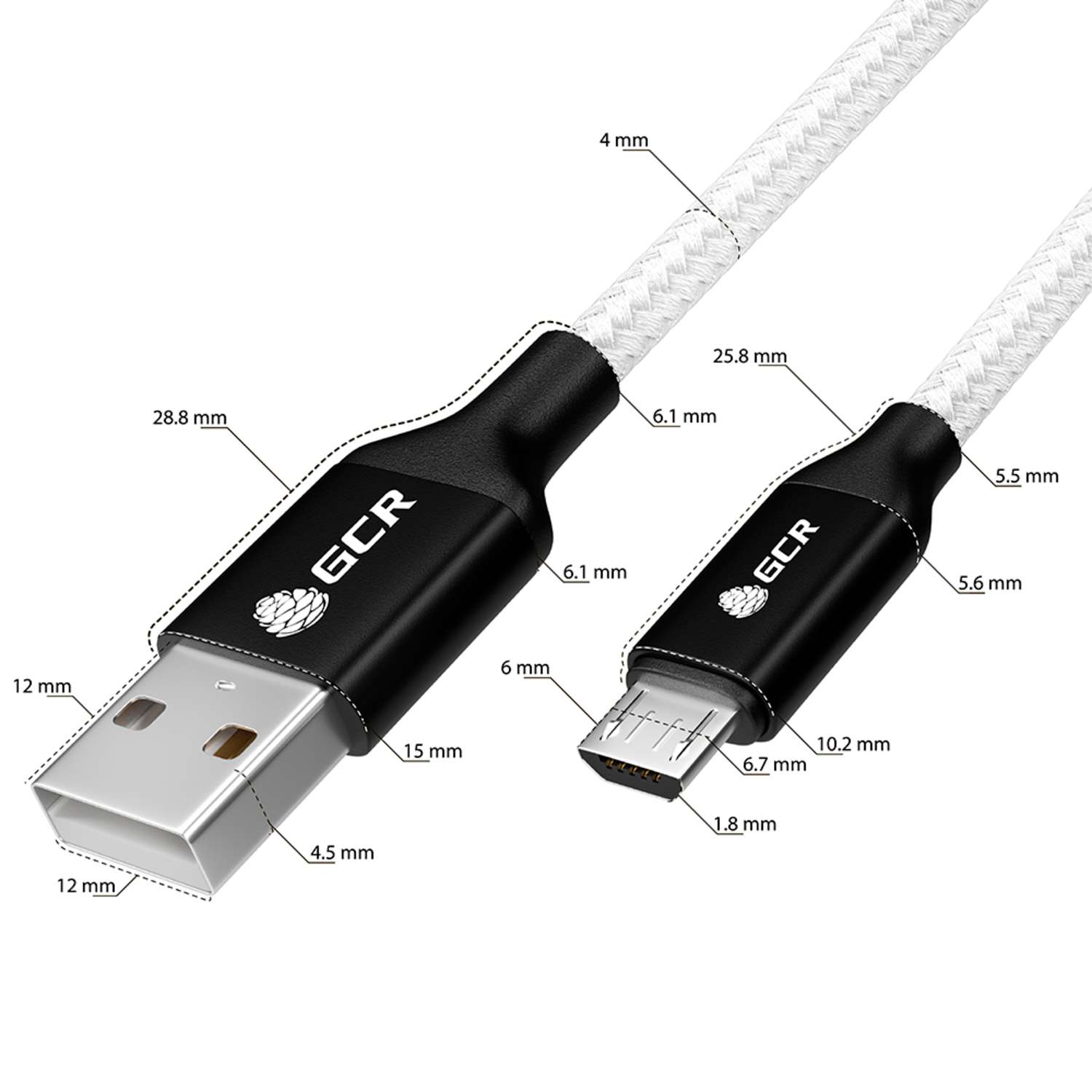 Кабель USB GCR 1.2m MicroUSB в белой нейлоновой оплетке GCR-53629 - фото 3
