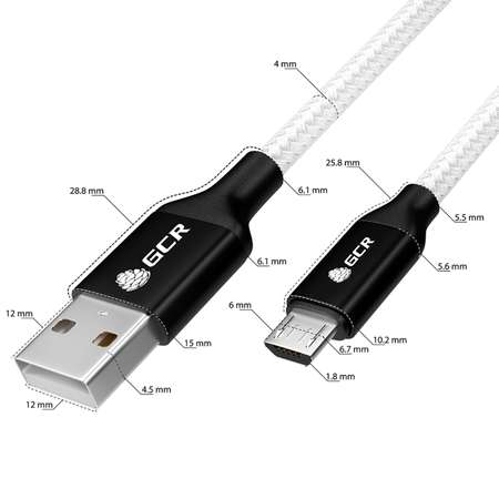 Кабель USB GCR 1.2m MicroUSB в белой нейлоновой оплетке GCR-53629