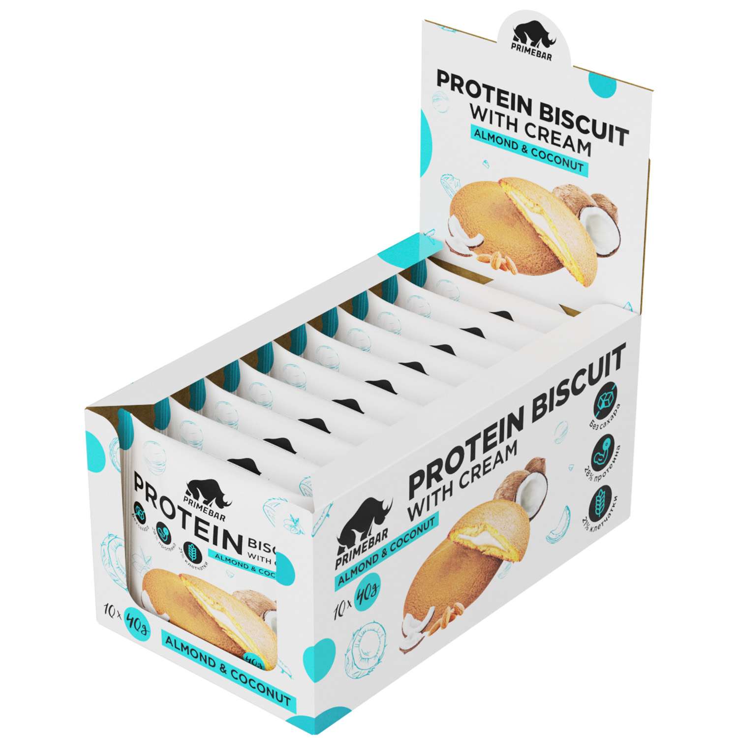 Печенье протеиновое Primebar Вiscuit кокос-миндаль 10*40г - фото 1