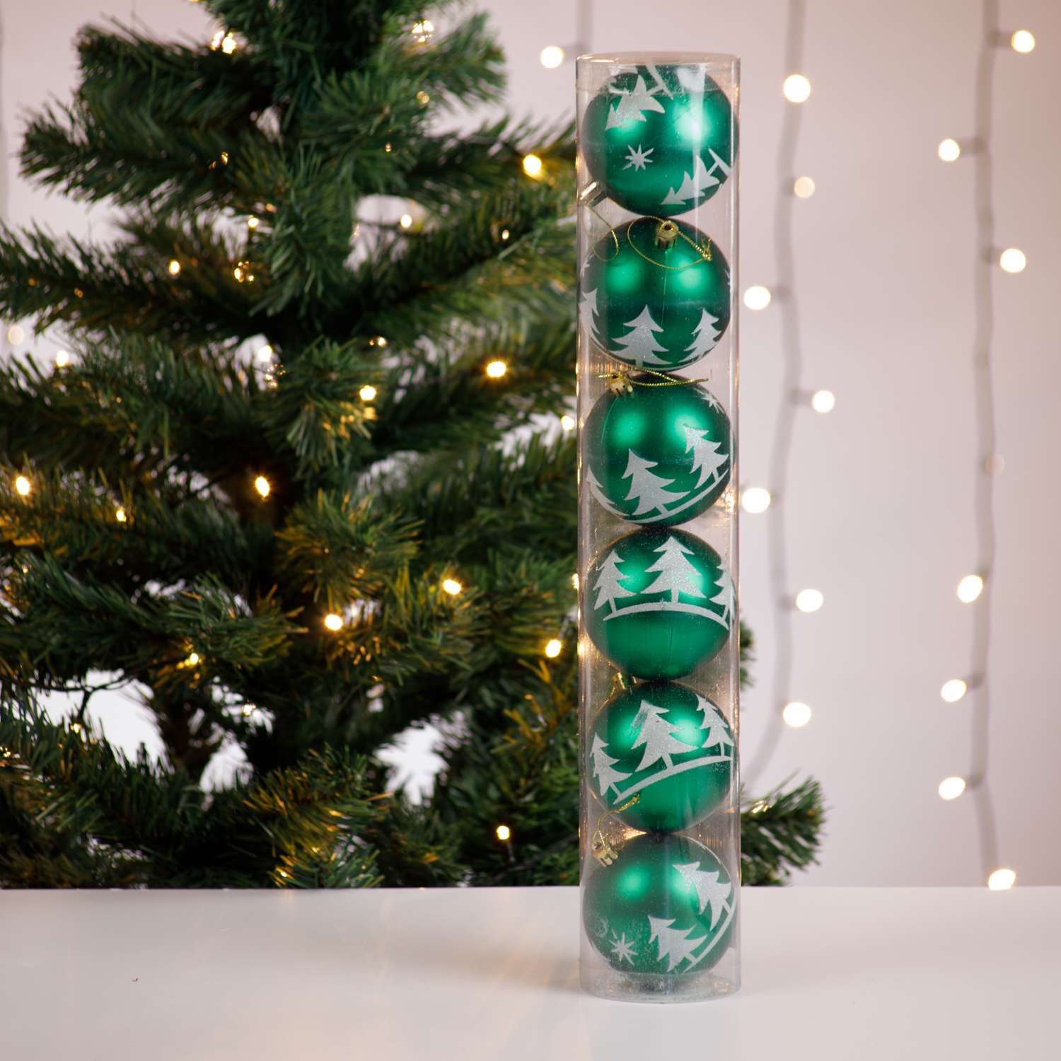Набор елочных украшений BABY STYLE Шары зеленый принт белая елка маленькие снежинки 8 см 6 шт - фото 1