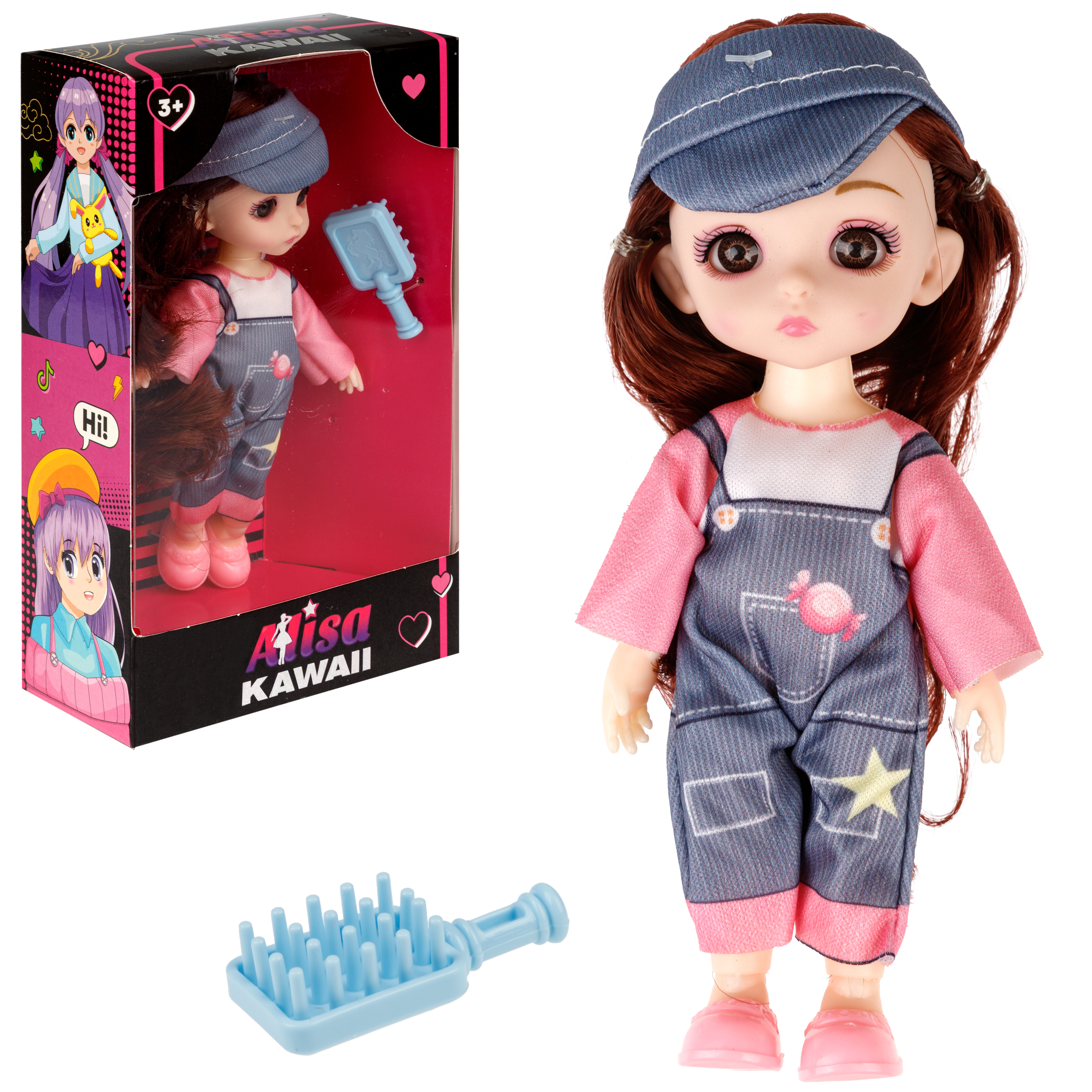 Кукла шарнирная 15 см 1TOY Alisa Kawaii mini с расчёской длинные темные волосы в серой кепке Т24349 - фото 4