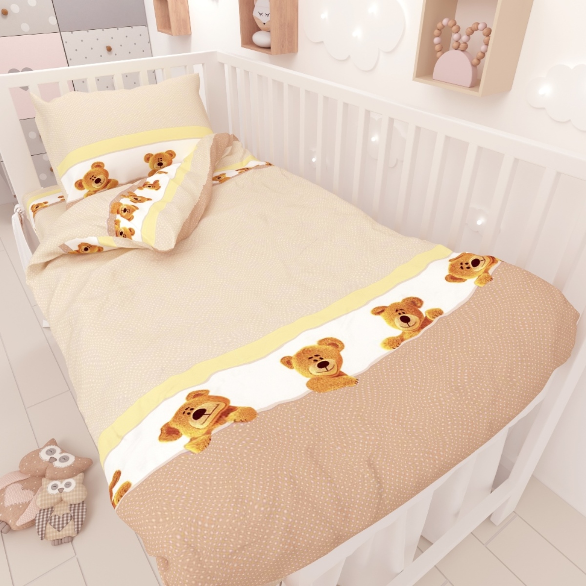 Комплект постельного белья Маленькая соня Медведи 3 предмета бежевый - фото 1