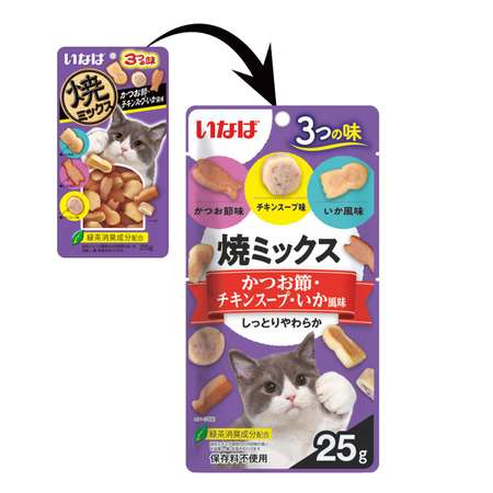 Лакомство для кошек INABA Yaki Miksu 25г кацуобуси куриный бульон и кальмар запеченый
