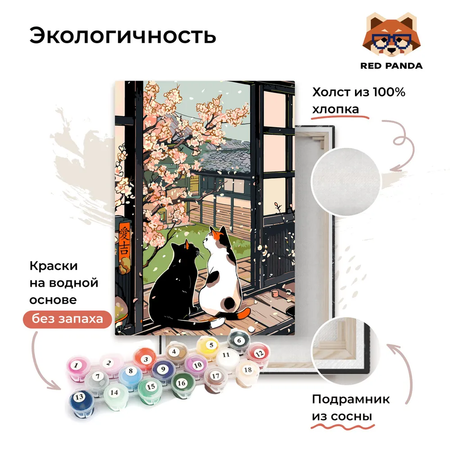 Картина по номерам 30*40 Red Panda Цветение сакуры и коты