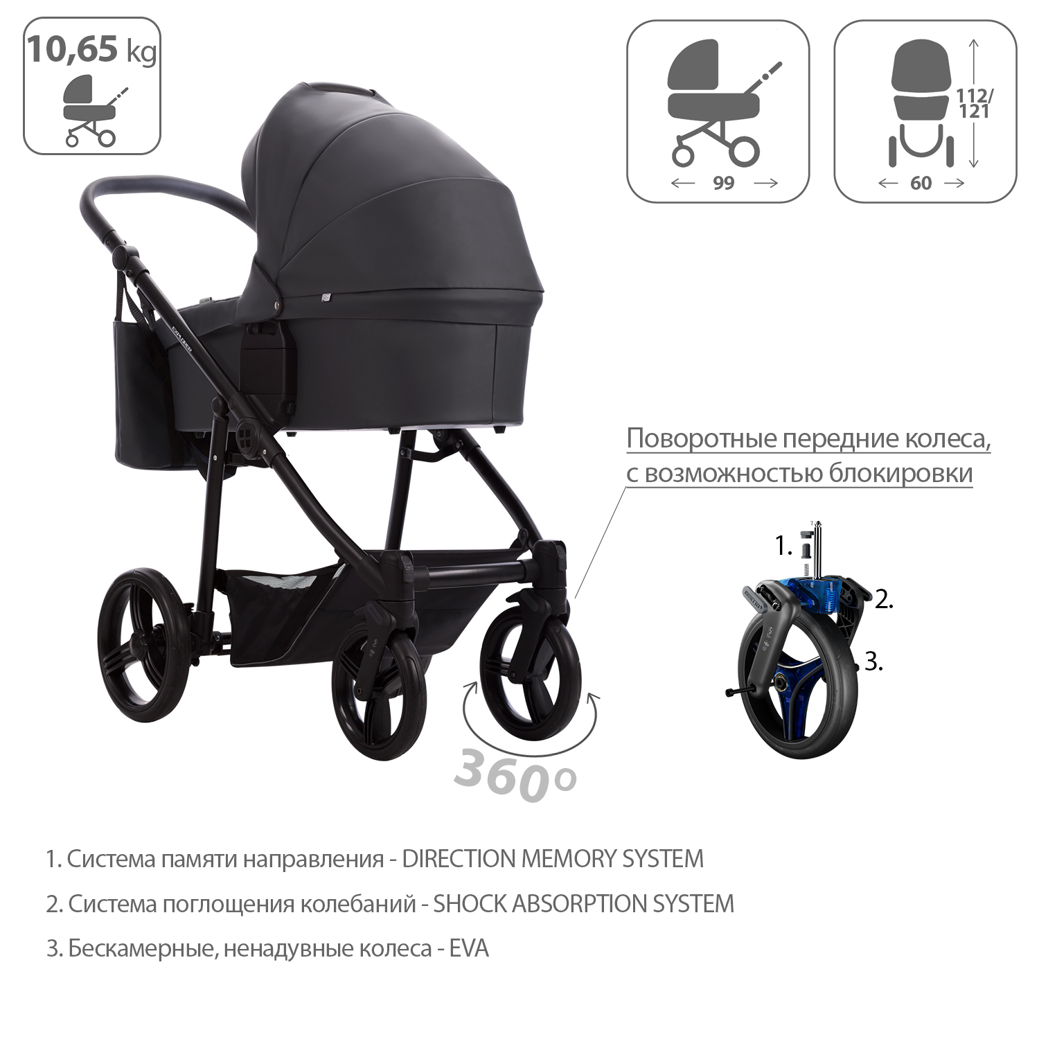 Коляска 2в1 Bebetto Explorer Air Pro экокожа шасси Черное 03 - фото 4