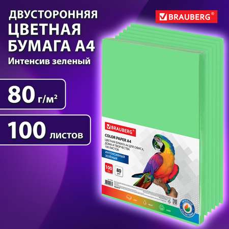 Цветная бумага Brauberg для принтера и школы А4 набор 100 листов зеленая