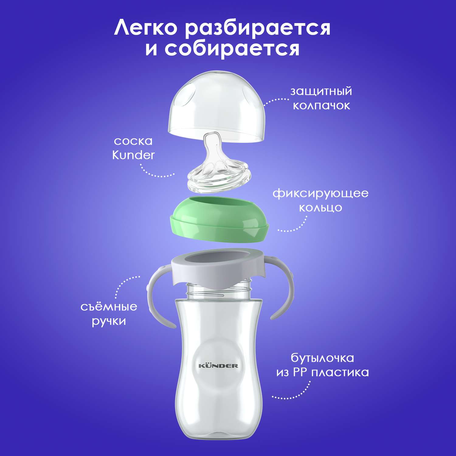 Бутылочка для кормления KUNDER 260 мл антиколиковая с силиконовой соской диаметр 5.5 см размер соски М (3м+ ) - фото 3