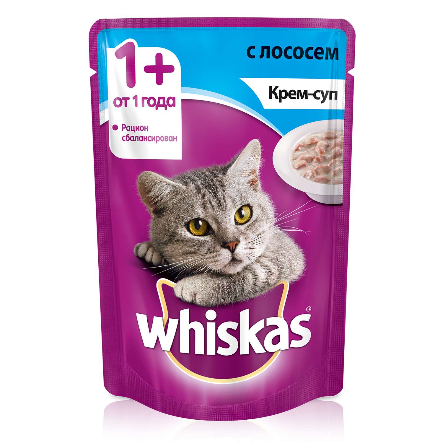 Корм влажный для кошек Whiskas 85г крем-суп с лососем пауч - фото 1