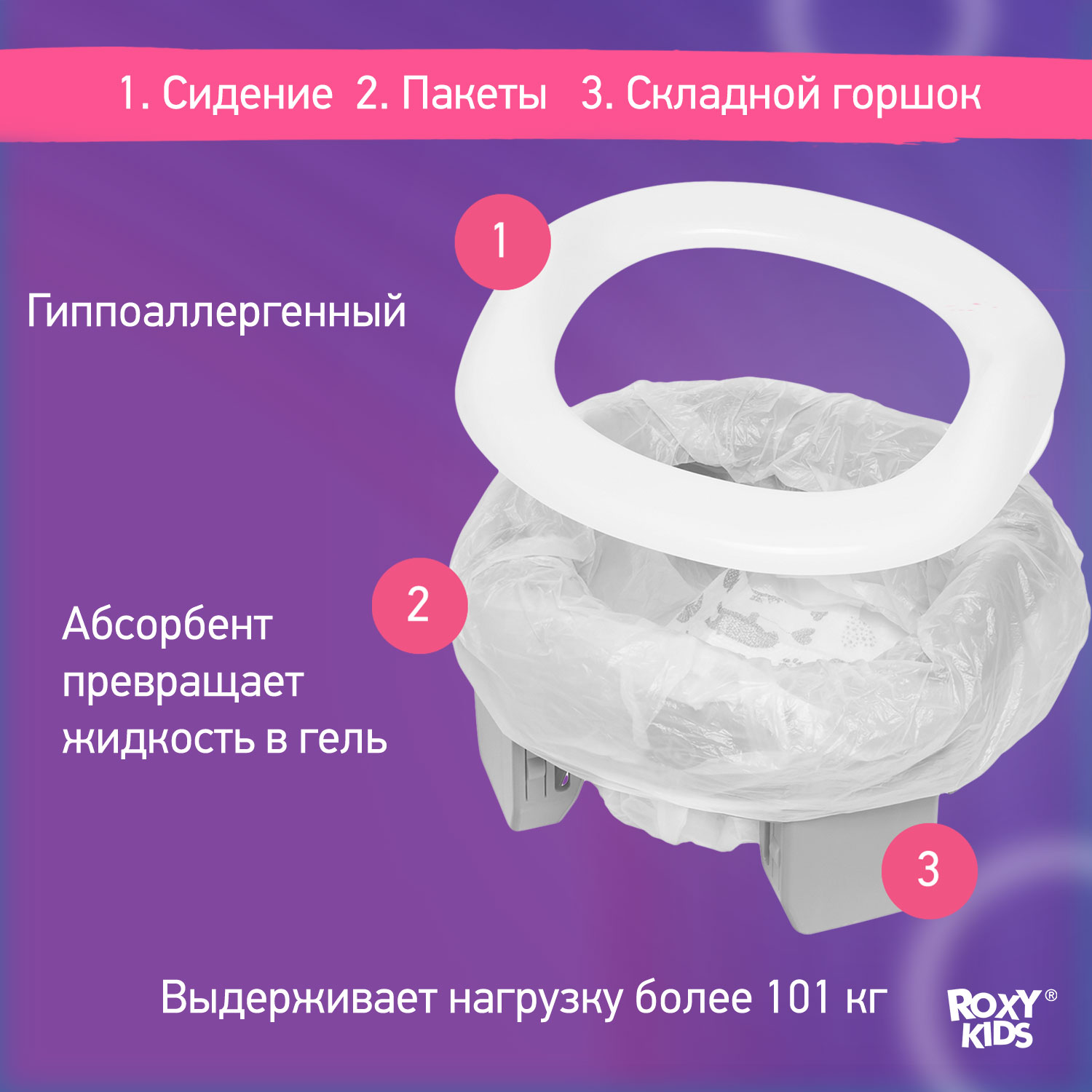 Горшок дорожный ROXY-KIDS складной и насадка на унитаз HandyPotty с тремя пакетами цвет серый - фото 7