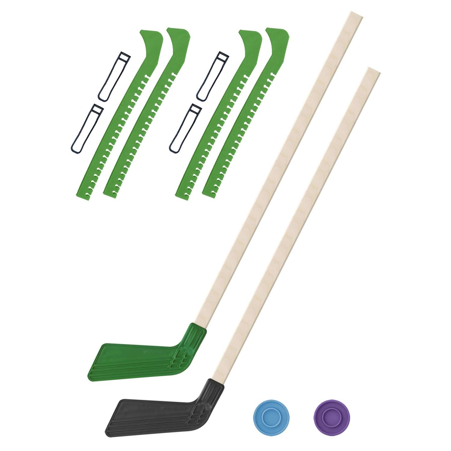 Набор для хоккея Задира Клюшка хоккейная детская 2 шт 80 см + 2 шайбы + Чехлы для коньков зеленые 2 шт - фото 1