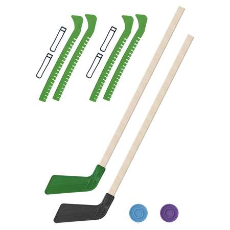 Набор для хоккея Задира Клюшка хоккейная детская 2 шт 80 см + 2 шайбы + Чехлы для коньков зеленые 2 шт