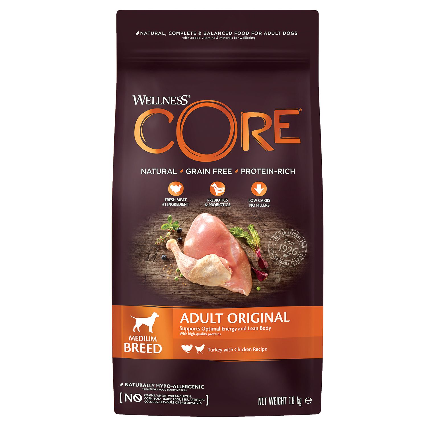 Сухой корм для собак Wellness CORE 1.8 кг курица, индейка (для домашних, полнорационный) - фото 1