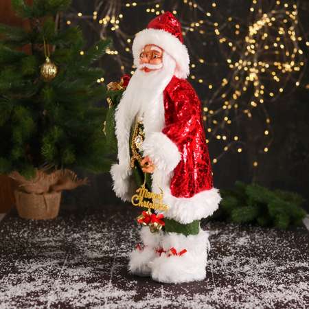 Дед мороз Зимнее волшебство «В блестящем костюмчике с мешком и колокольчиками» 44 см красно-зелёный